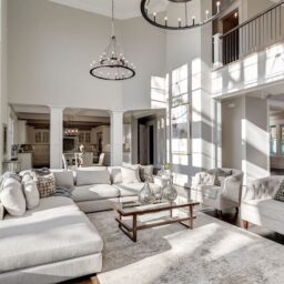 natural light living room chandelier gray and white