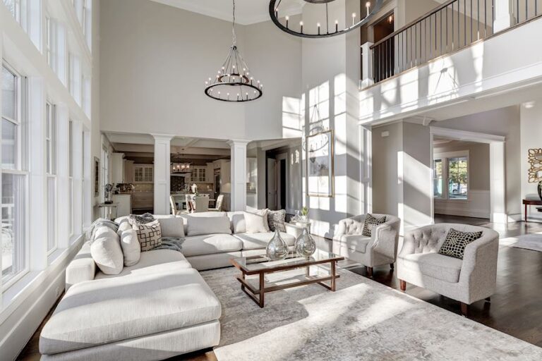 natural light living room chandelier gray and white