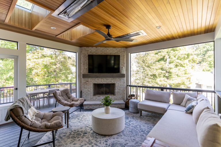 Rosedale covered patio with natural tones, fireplace, wood